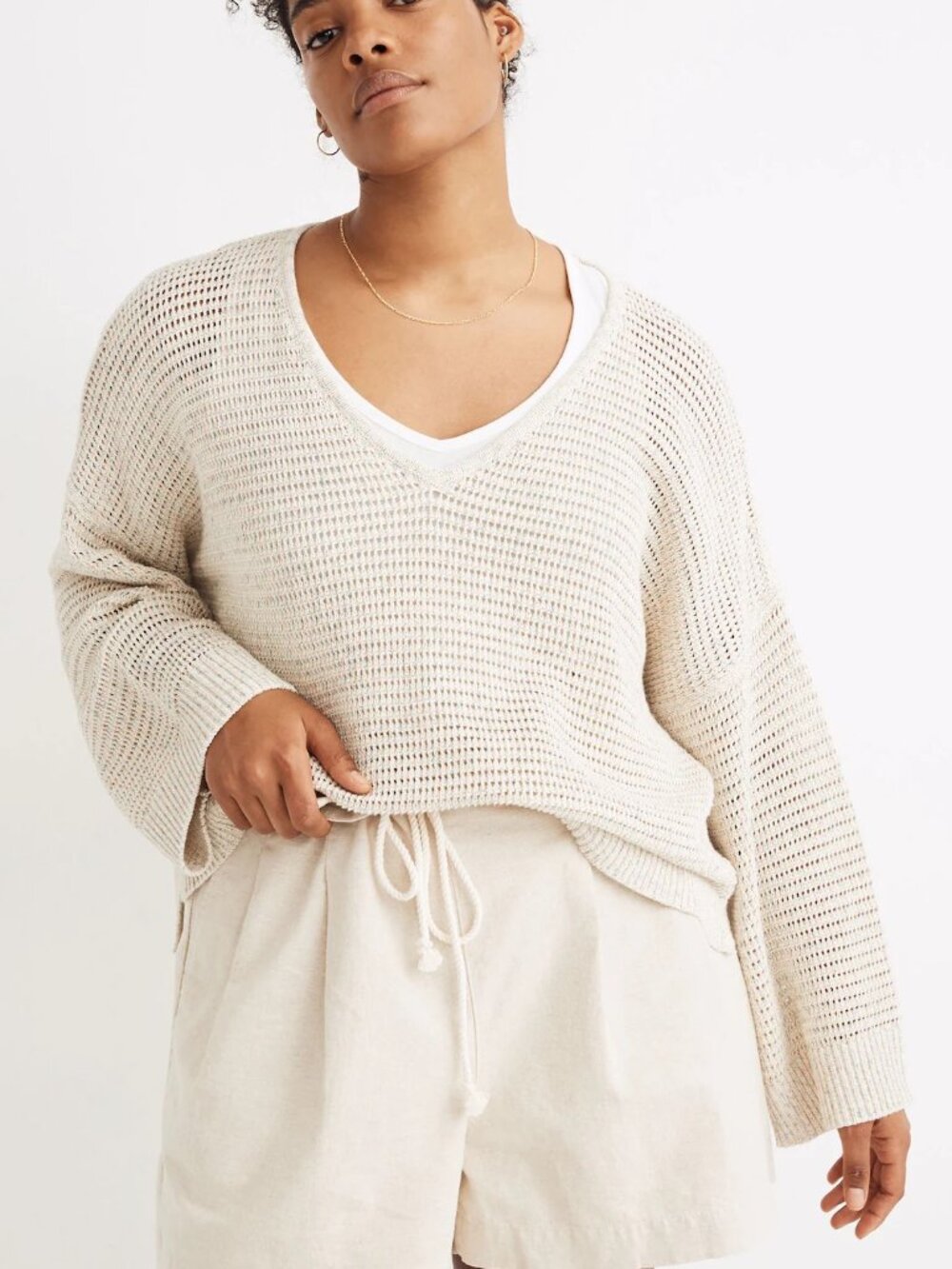 Madewell Cream Open-Knit V-Neck Sweater
